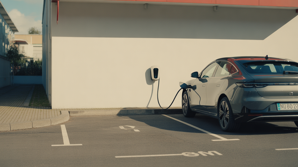 A clean private office car park with an unbranded electric car beside a simple charger in soft natural light, with no writing or markings.