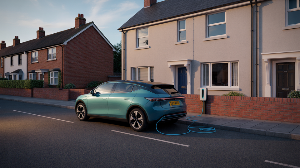 A realistic electric car parked outside a neat terraced home while charging through a discreet pavement channel, photographed in soft early evening light with no text or signage.