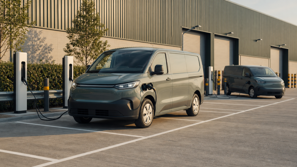 A clean private business depot yard with an unbranded electric van and blank charging posts, with no text or signage.