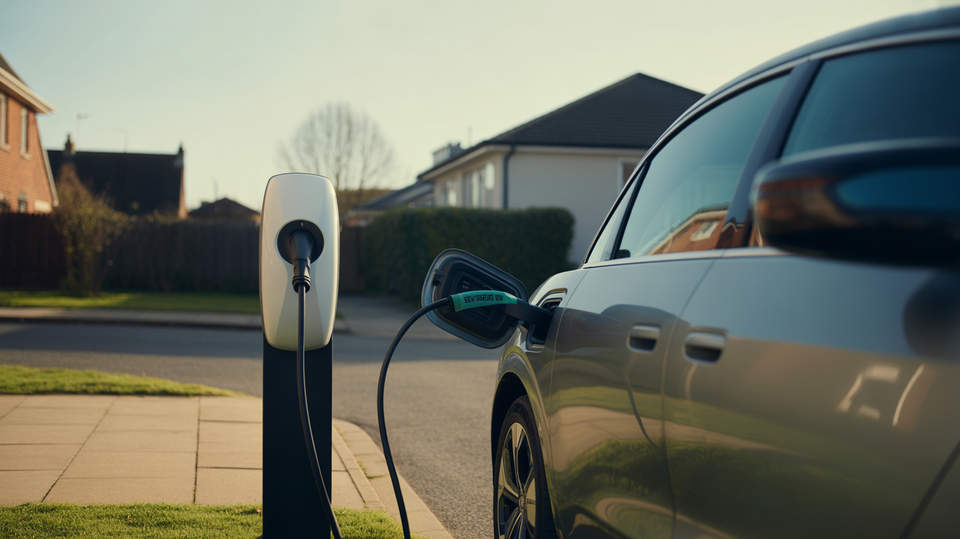 A modern electric car charging at home on a private driveway in soft evening light, with a calm cost-tracking mood.