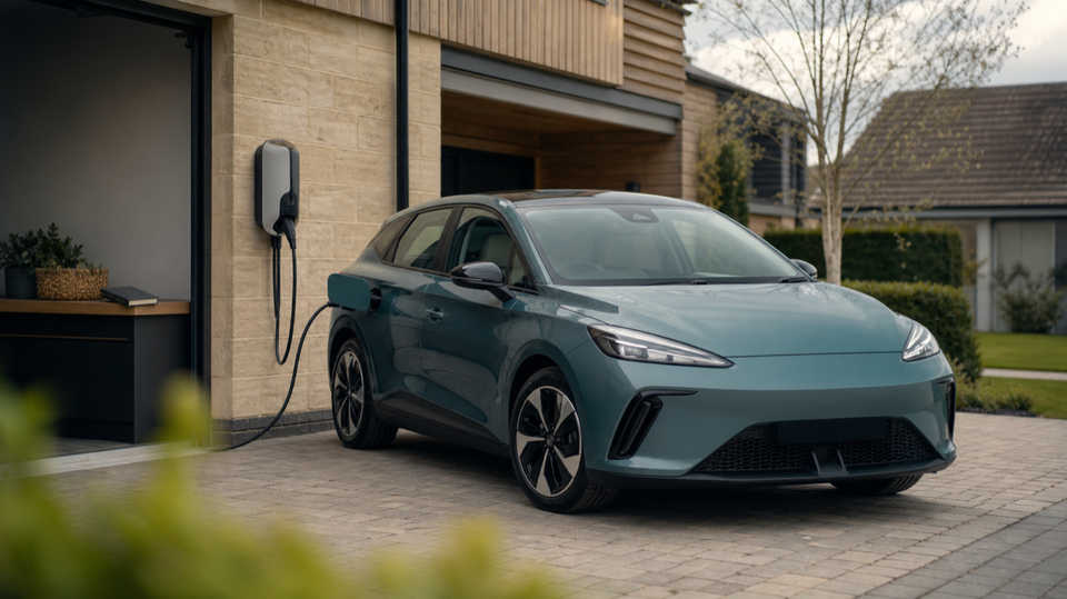 A clean private driveway with an unbranded electric car beside a plain home charger, with no text or markings.