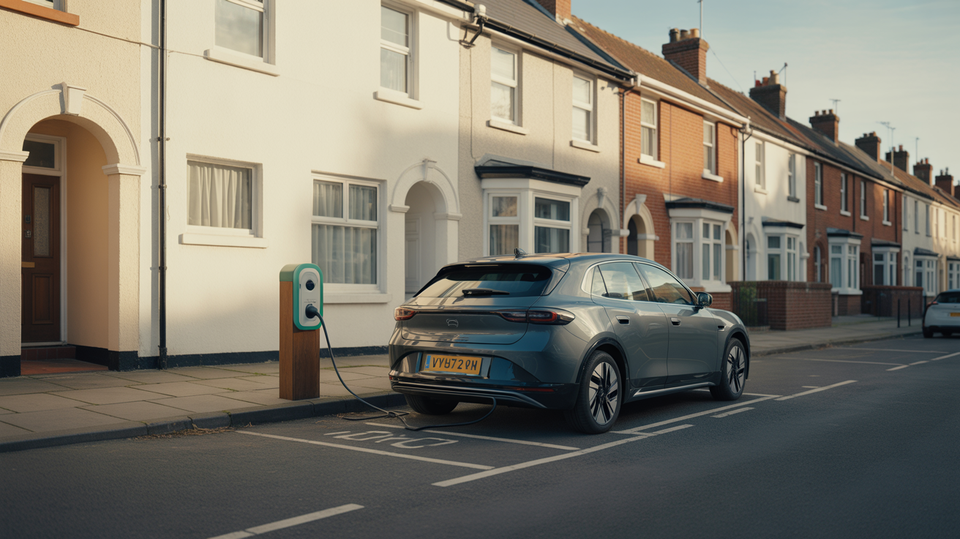 A realistic electric car charging at a simple residential kerbside charger beside neat terraced homes in soft daylight, with no text or signage.