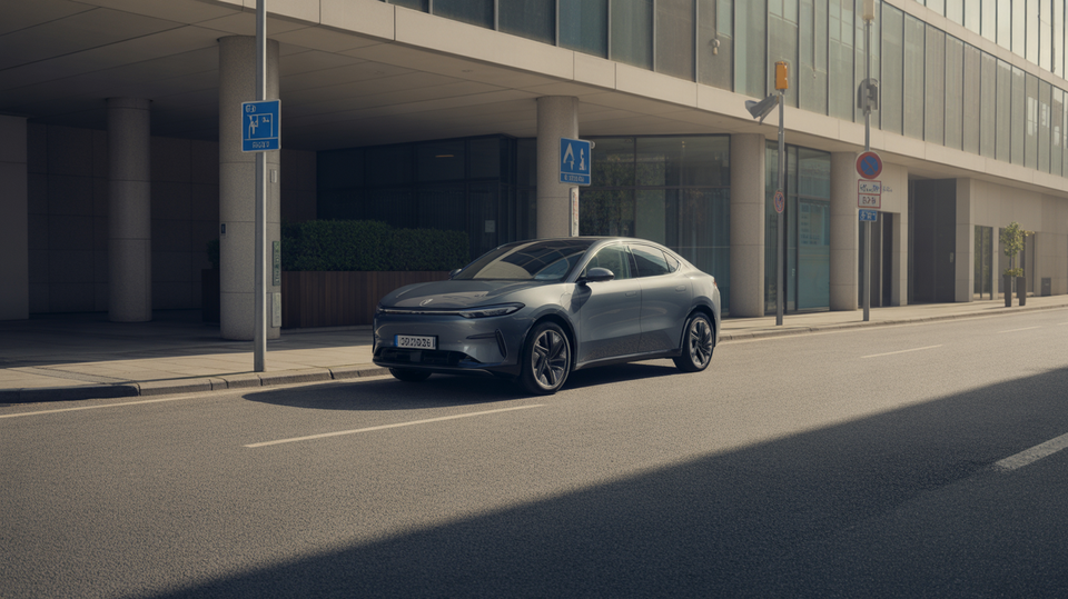 A realistic electric car parked in a clean private office courtyard with subtle city commuting atmosphere, no visible text, markings or logos.