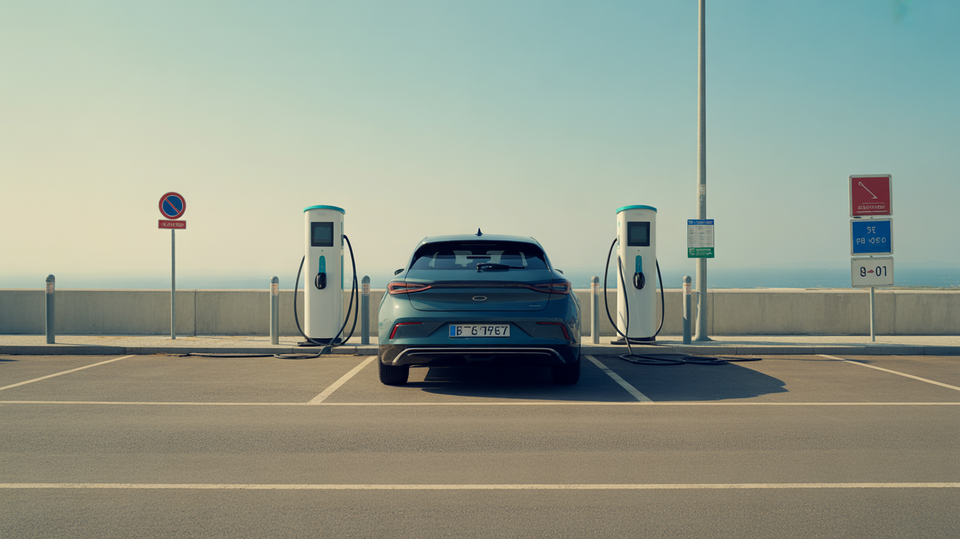 A realistic electric car charging beside a clean private forecourt-style charging bay in soft daylight, with simple equipment and no visible text or markings.