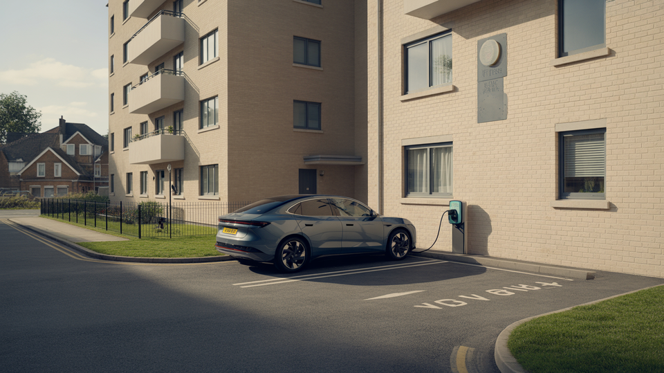 A realistic electric car charging beside a neat private parking bay outside a block of flats in soft morning light, with no text or signage.