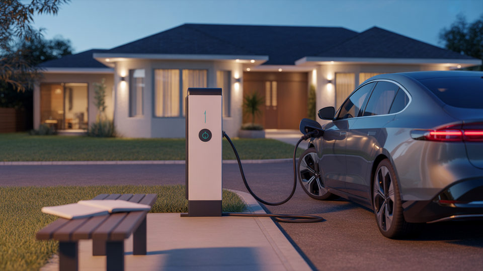 An electric car charging at a modern home wallbox on a private driveway at dusk.