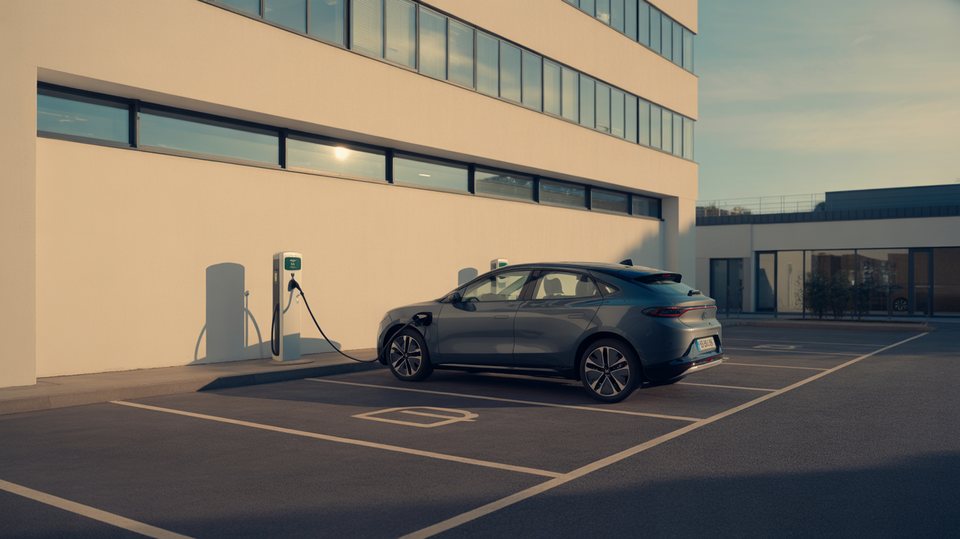 A realistic EV charging bay in a clean private business car park at dawn, with a tidy office building in the background and no text or signage.