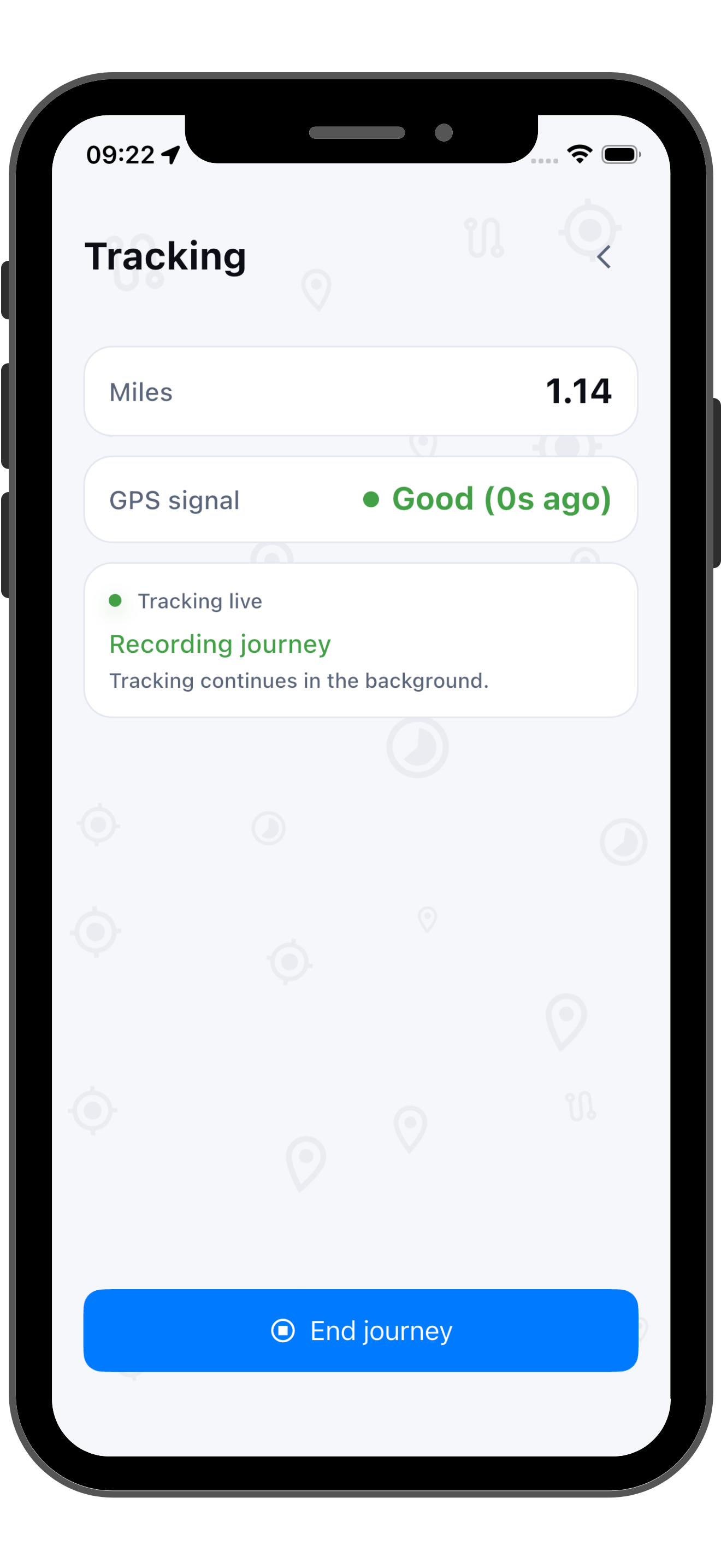 EV Mileage Tracker journey tracking screen