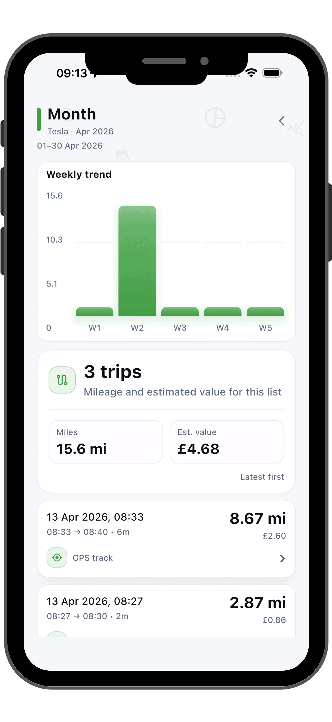 EV Mileage Tracker reports screen