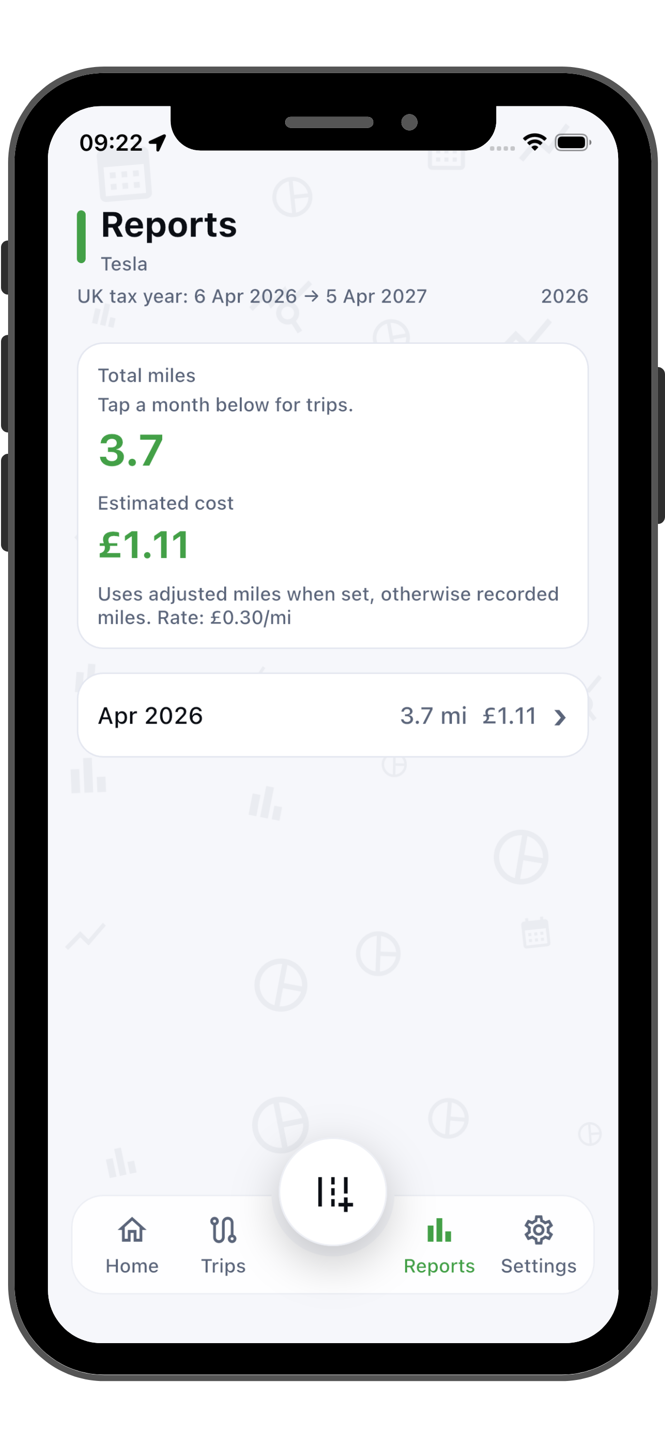 EV Mileage Tracker reports screen