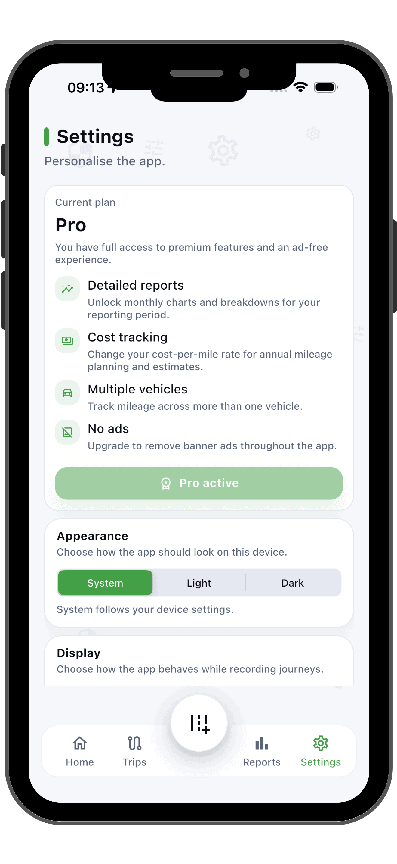 EV Mileage Tracker settings screen