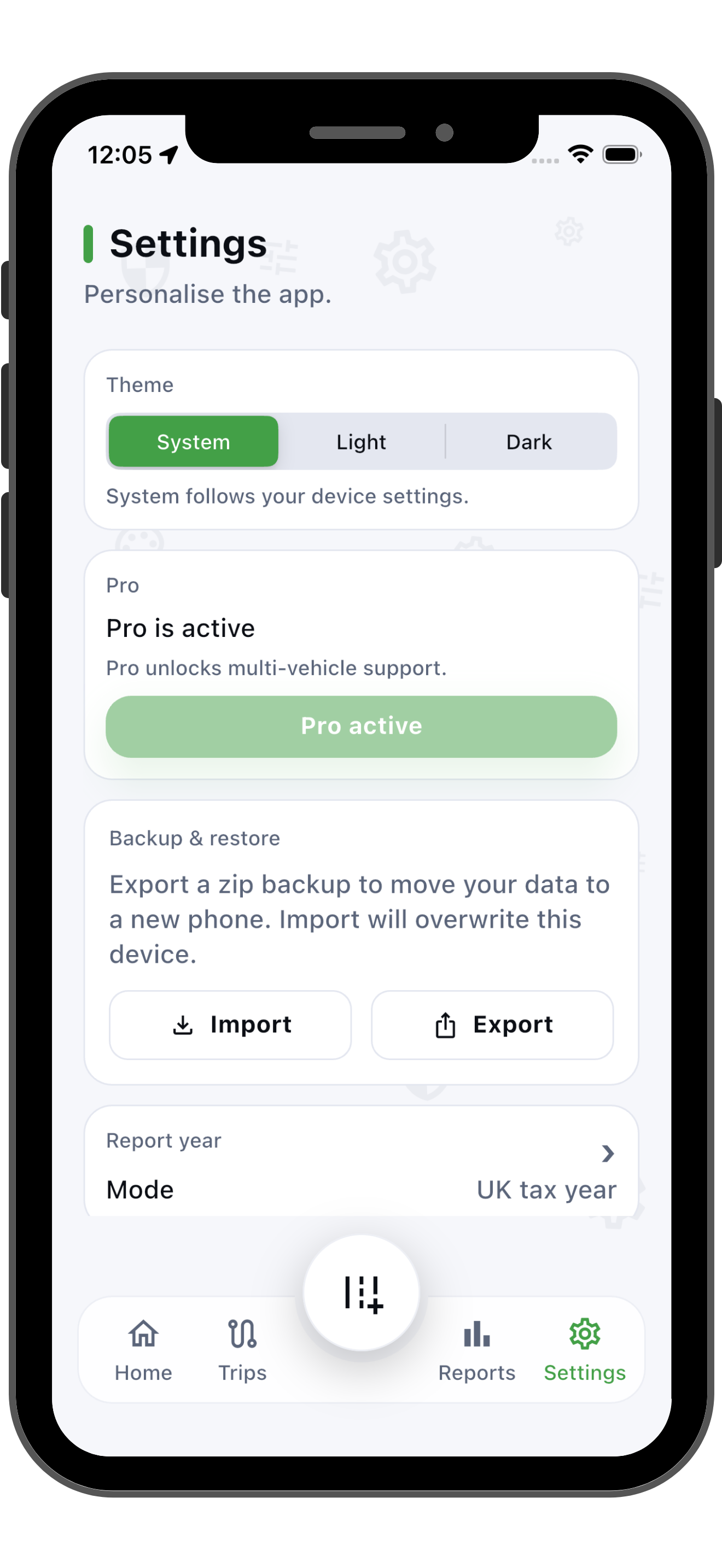 EV Mileage Tracker settings screen