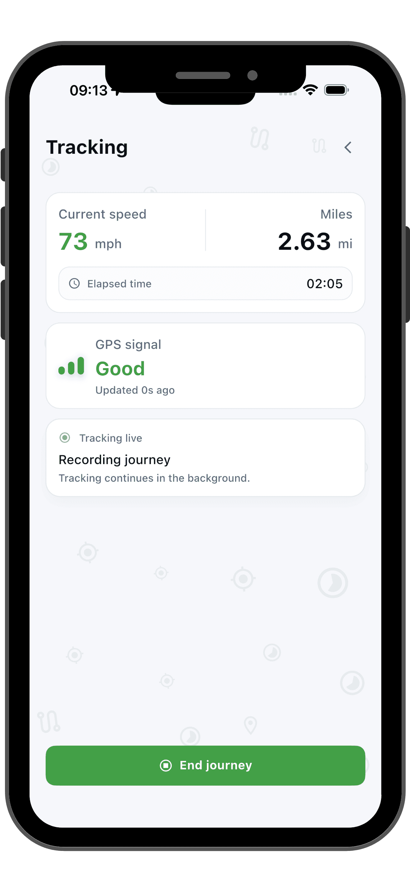 EV Mileage Tracker journey tracking screen