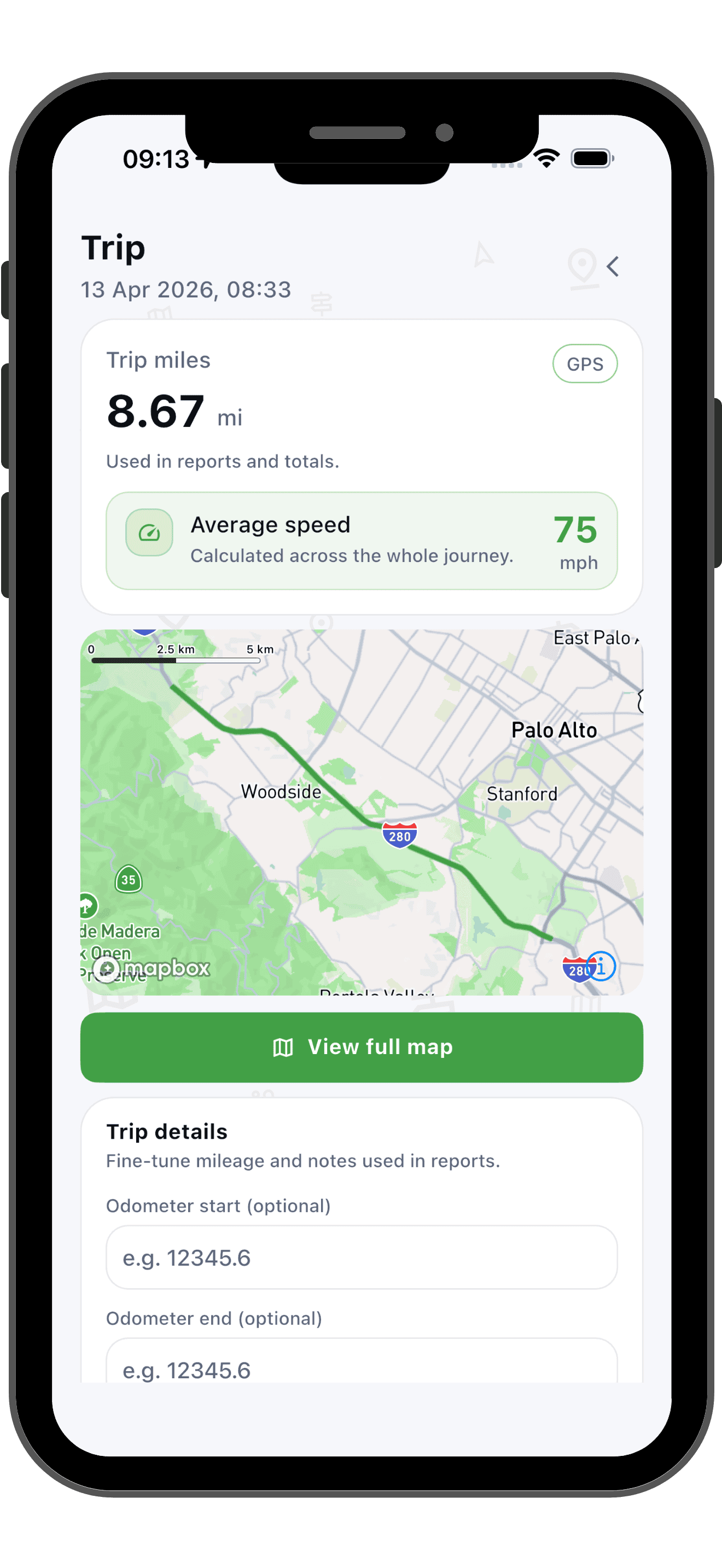 EV Mileage Tracker trip details screen