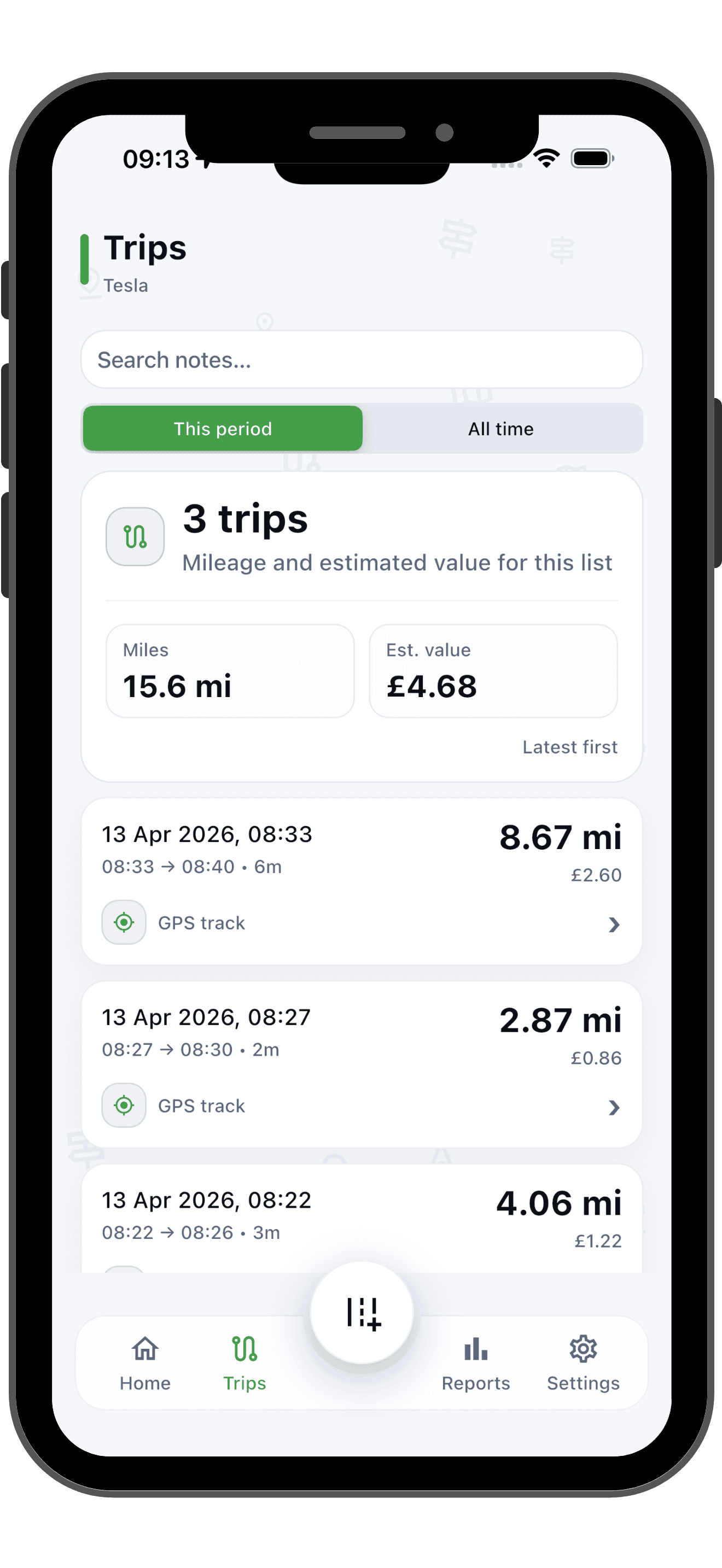 EV Mileage Tracker trips screen